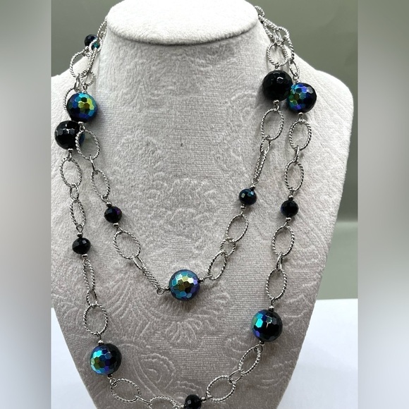 Premier Designs Necklace Blue and Black Beads Twisted oval Chain links Stunning - Picture 5 of 13